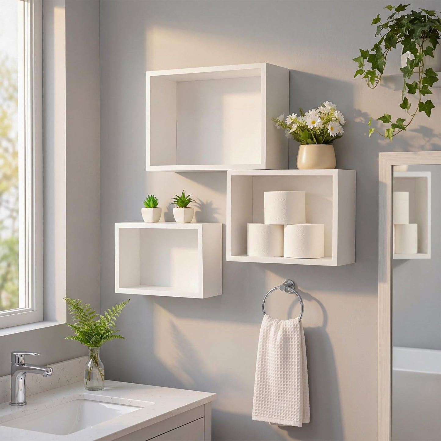 Novabright White 3 Set Floating Cube Shelves Wall Mounted Rustic Wood Square Storage Box Shelves Hanging Storage for Bathroom Decor Farmhouse Wall Toilet Living Room Kitchen Bedroom Organizer