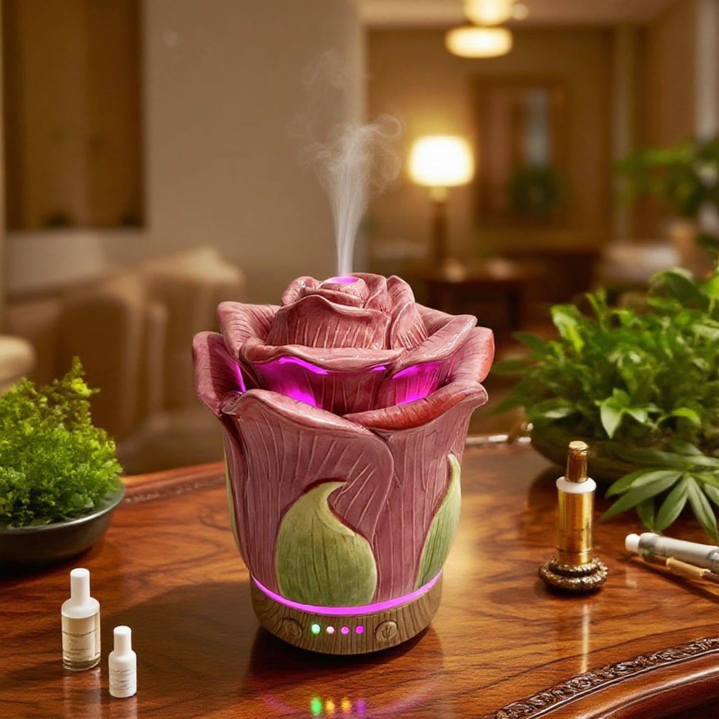 Ceramic Hand-Painted Rose Essential Oil Diffuser ，80 ml Timers Night Lights and Auto Off Function Home Office Humidifier (Rosered)