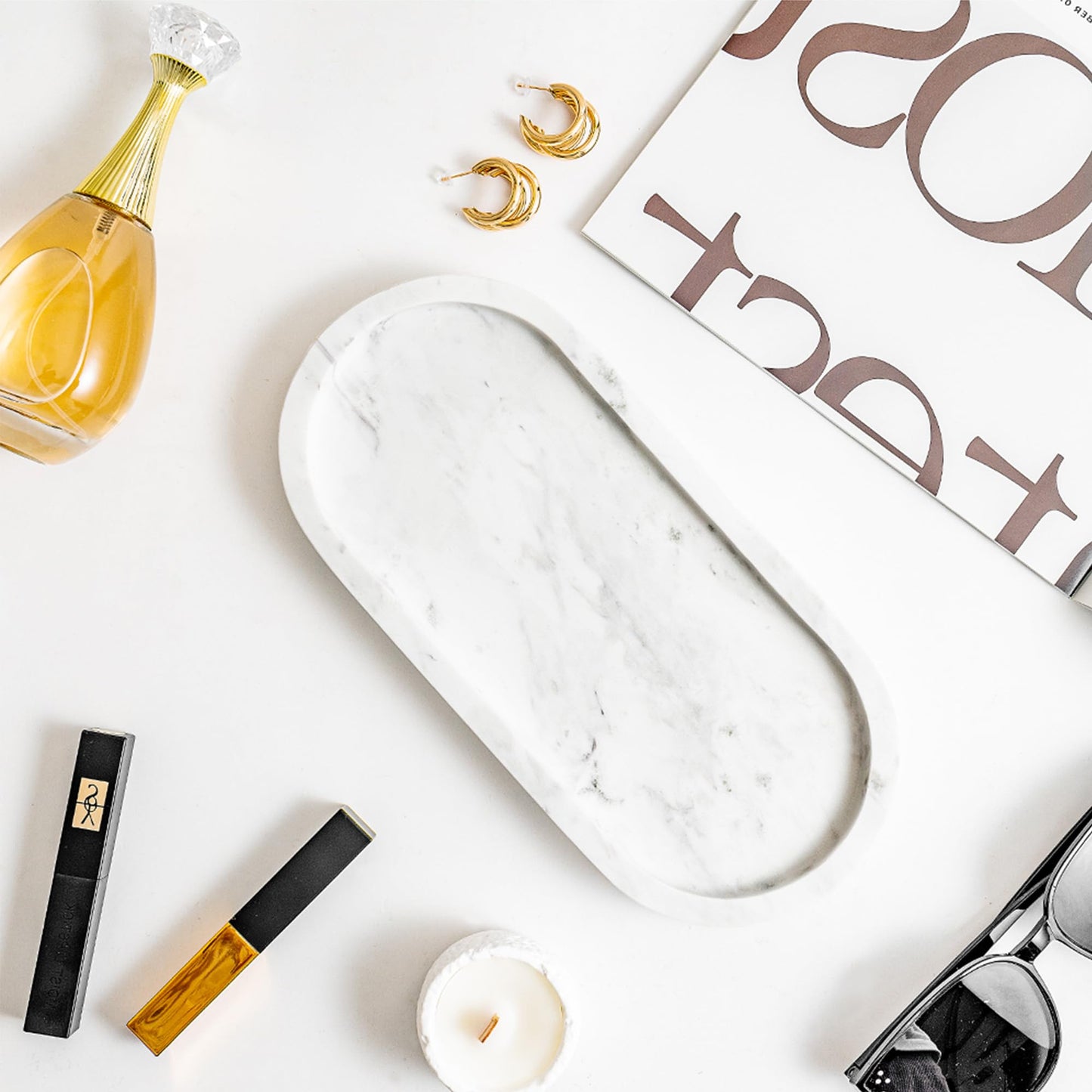 WORHE Natural Marble Vanity Tray Waterproof Italy Stone Bathroom Organizer for Perfume, Candles & Jewelry Non-Slip Oval Storage Tray for Spa, Bedroom, Kitchen 9.8" x 4.5" White (BH101)