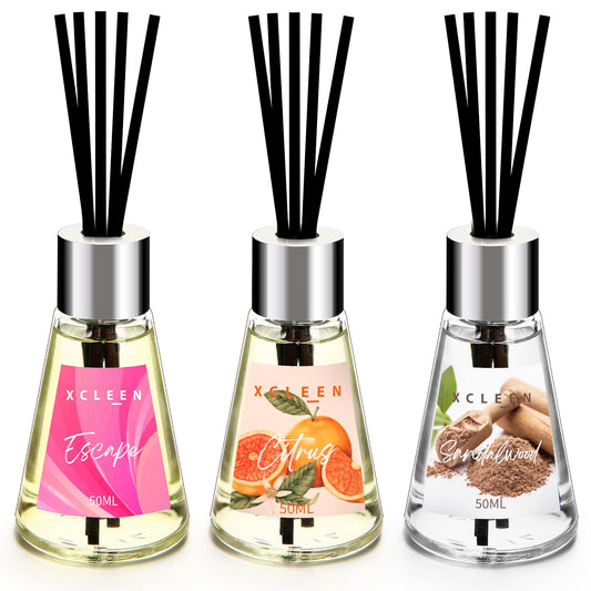 Xcleen Reed Diffuser of 3 Pack, Escape/Citrus/Sandalwood, Scented Diffuser with 15 Fiber Sticks, Home Fragrance Oil Diffuser, Air Freshener for Bathroom & Bedroom, Each 1.7Fl Oz, Total 5.1Oz