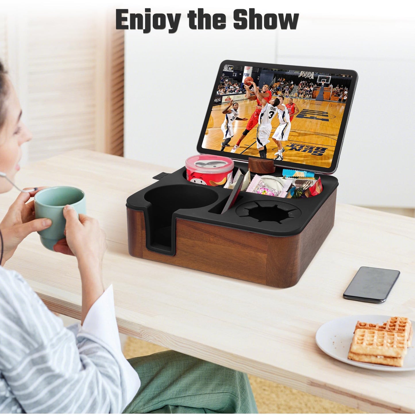 Couch Buddy Couch Cup Holder Tray, Real Acacia Wooden Caddy with Soft Silicone, Snack and Drink Organizer- Perfect Movie Night Accessories for Bed, Remote and Cup Holders for Sofa (Black)