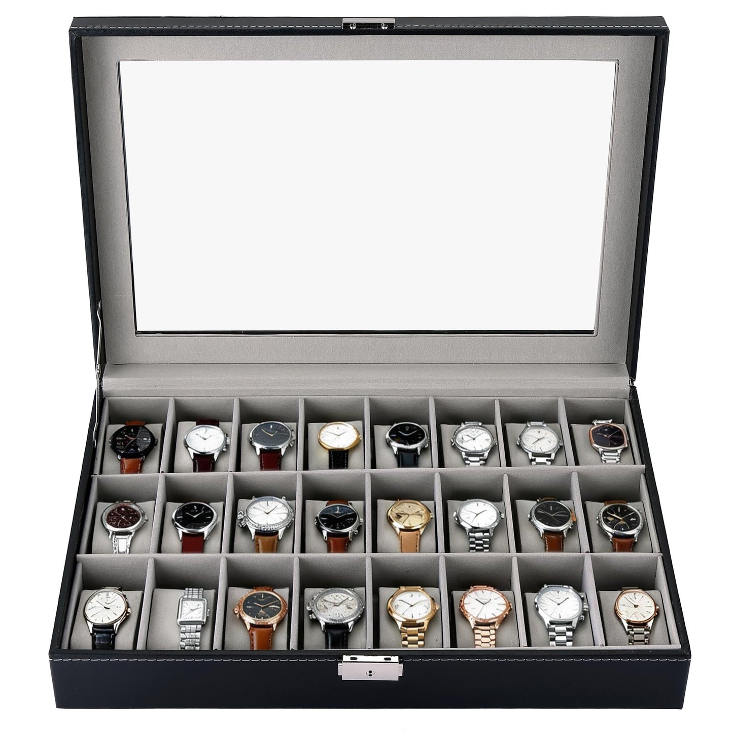 MYFULLY 24 Slot Watch Box, Lockable Watch Storage Organizer with Removable Pillows for Men and Women, Portable Watch Display Case with Gray Lining for Travel, Collection and Jewelry Storage