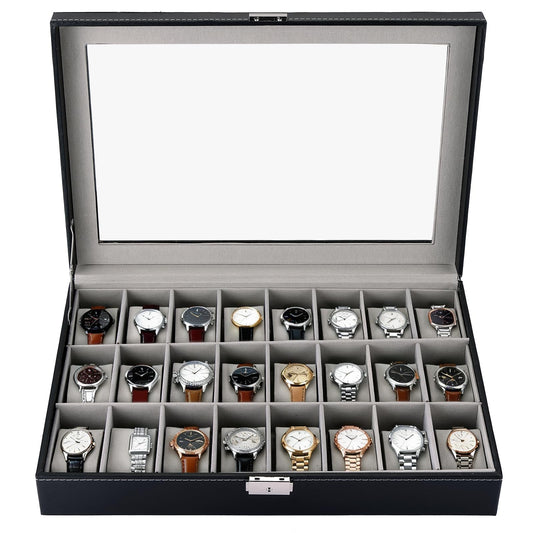 MYFULLY 24 Slot Watch Box, Lockable Watch Storage Organizer with Removable Pillows for Men and Women, Portable Watch Display Case with Gray Lining for Travel, Collection and Jewelry Storage