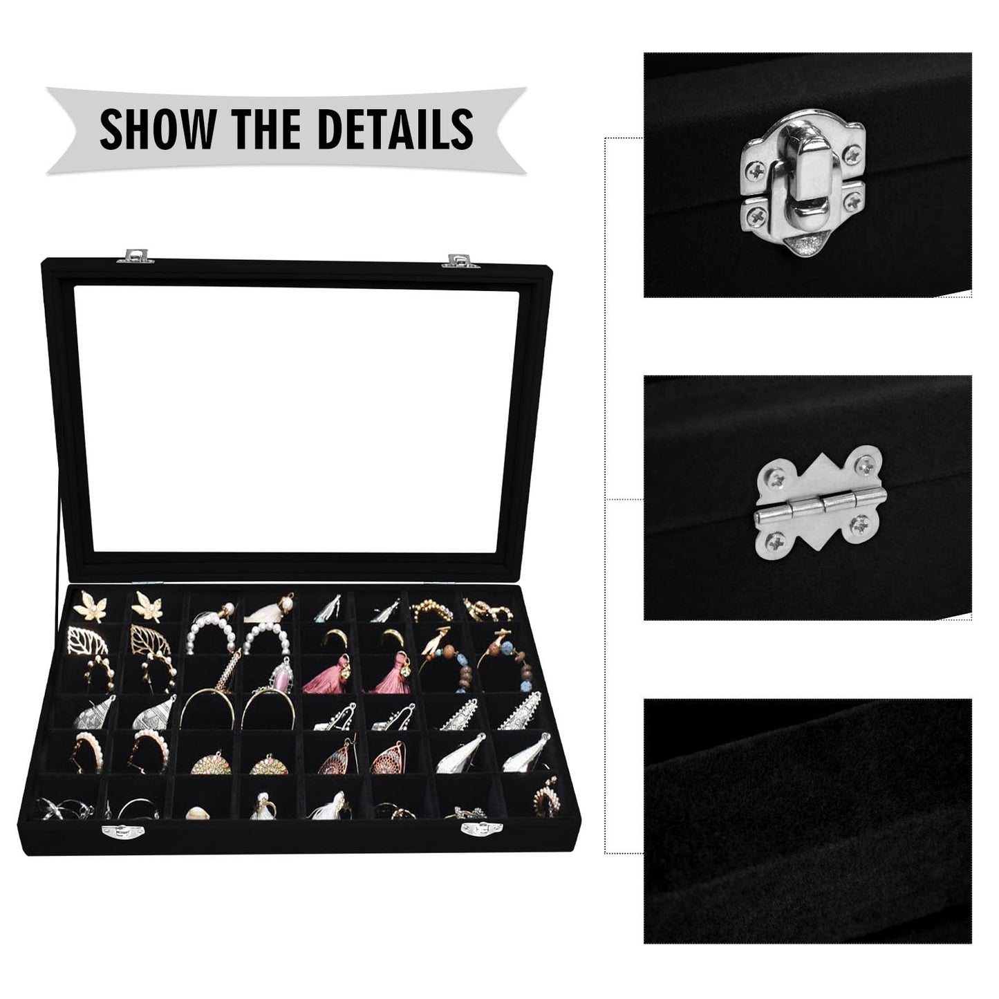 Siveit Velvet Jewelry Tray 48 Grid Jewelry Display Tray Organizer Box with Transparent Lid Rings Earrings Necklaces Pendants Display Box Suitable for Women and Girls (Black)