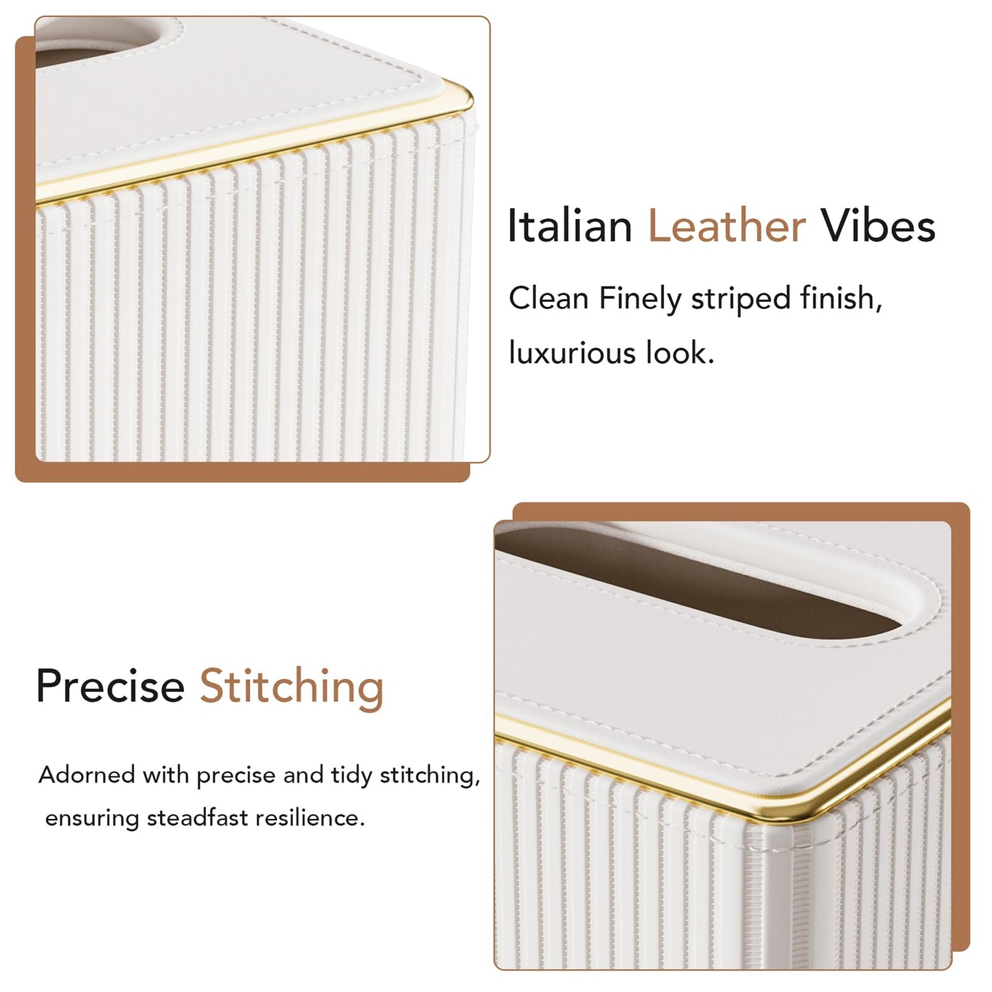 GORESE Tissue Box Cover Square Kleenexs Box Cover, PU Leather Tissue Cover with Gold-Tone Edging, Cube Tissue Box Holder for Bathroom Livingroom Car, Modern Decorative Kleenexs Cover, Cream White