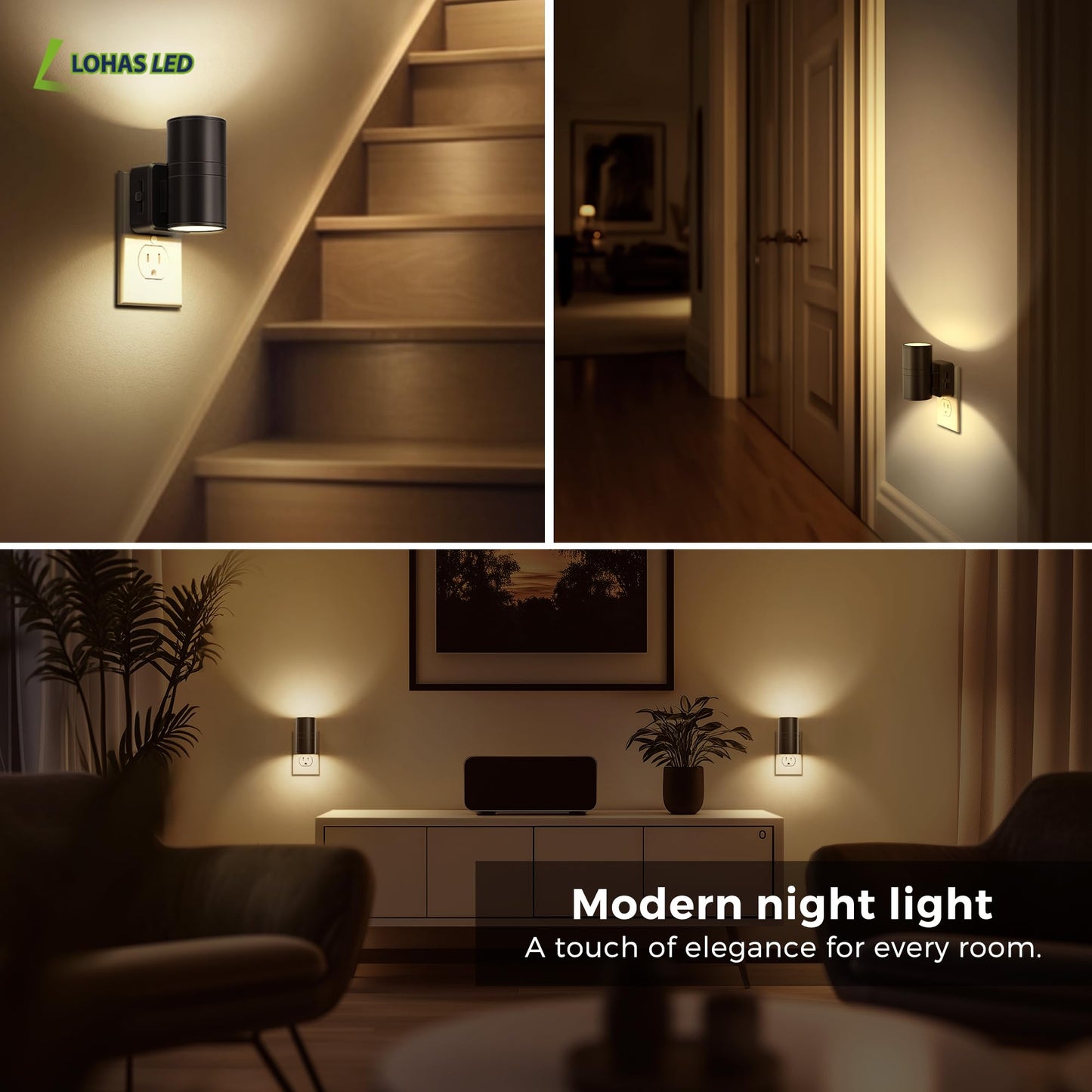 L LOHAS LED Night Light, Automatic Night Lights Plug into Wall, 2 Pack Nightlights with Light Sensor, 3000K Soft White 0-100LM Dimmable Modern Nightlight for Kids Bedroom Hallway