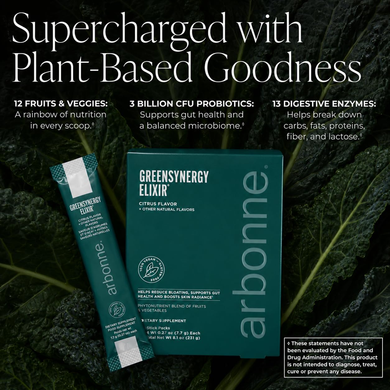 Arbonne Vegan Greens Powder – Citrus-Flavored GSE with 13 Digestive Enzymes, Vegan Collagen Builder, Probiotics, and Prebiotics – Gut Health and Skincare – 30 Stick Packs