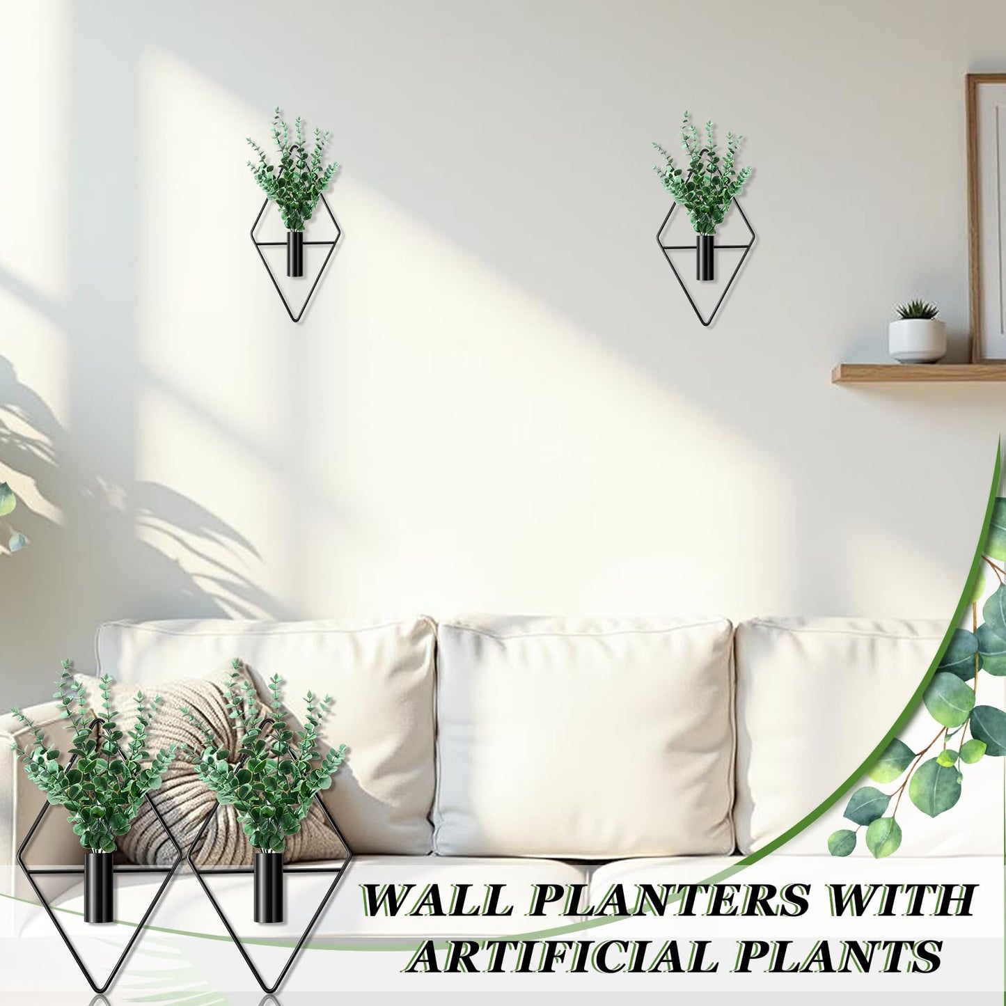 Canlierr 2 Pieces Wall Decor Hanging Planters with Artificial Plants Metal Hanging Vase Indoor Plants Holder Modern Boho Wall Art for Bathroom Bedroom Living Room Decor(Black,Eucalyptus)