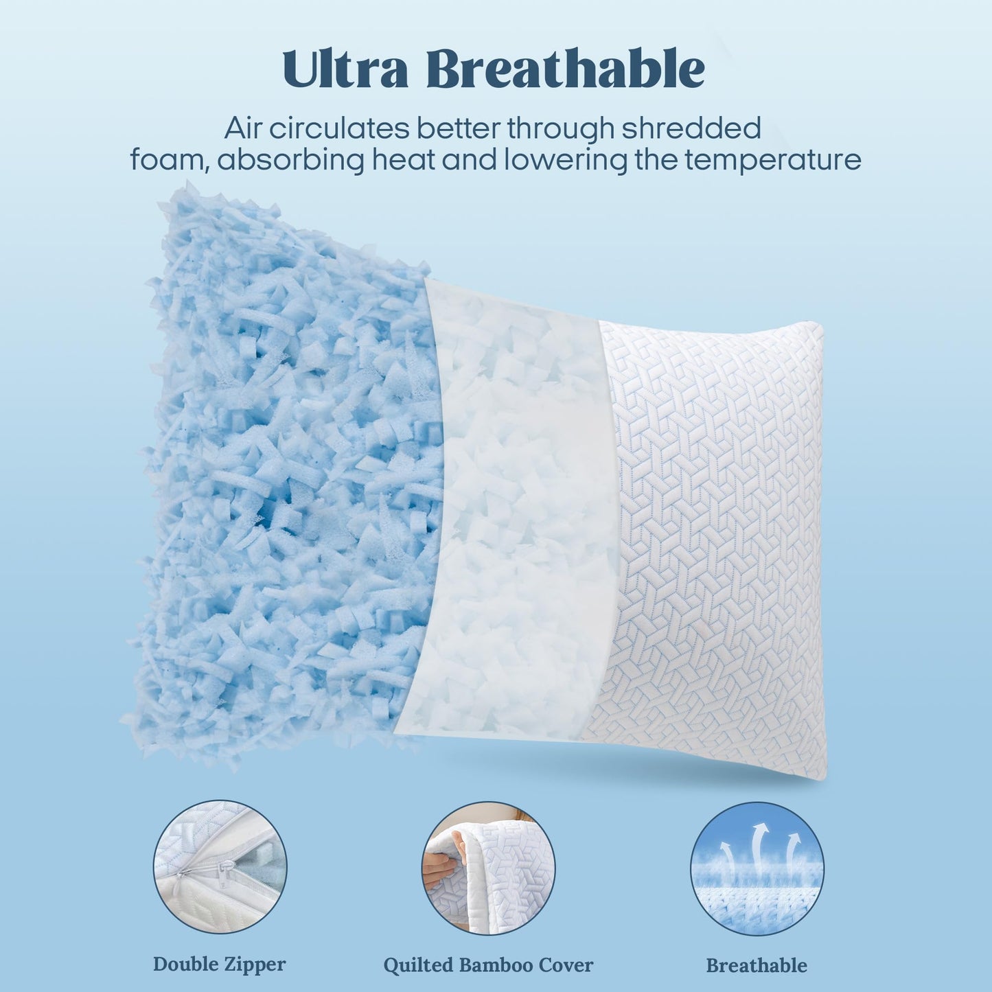 puredown® Cooling Pillows King Size Set of 2, Memory Foam Pillows Adjustable Firm Bed Pillows for Sleeping, Cool Pillow for Hot Sleepers with Zipper Removable Pillow Cover