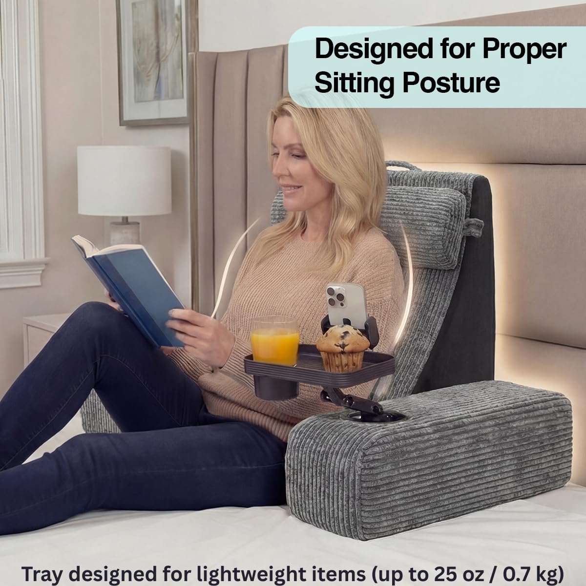 TabCouchCaddy Reading Pillow for Adults – 24” XL Memory Foam Backrest with Detachable Arms, Cup Holder, Phone Caddy & Adjustable Tray Mount | Back Pillow for Bed Sitting Up, Reading, TV & Recovery