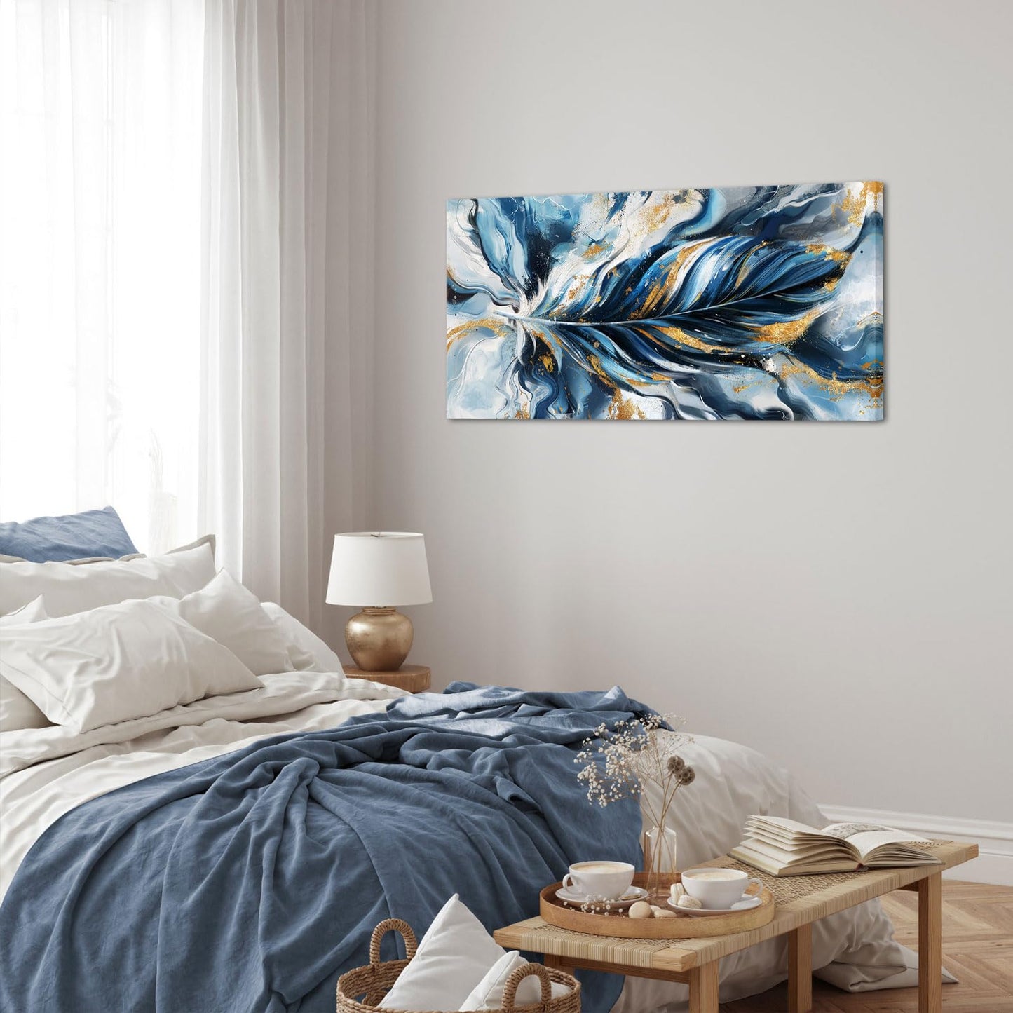 Biuteawal Feather Wall Art Elegant Flying Feathers Picture Print Blue and Gold Art Canvas Modern Luxury Decorative Paintings for Bedroom Living Room Framed