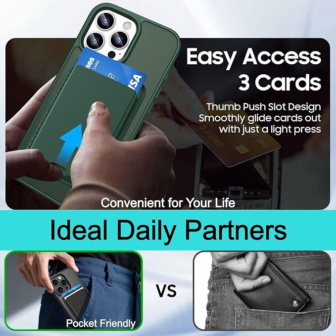 Ntwinro Magnetic for iPhone 14 Pro Max Case (Compatible with MagSafe) with Detachable Wallet & Card Holder for 3 Cards [RFID Blocking] Military Grade Protective Slim Phone Cover, Green