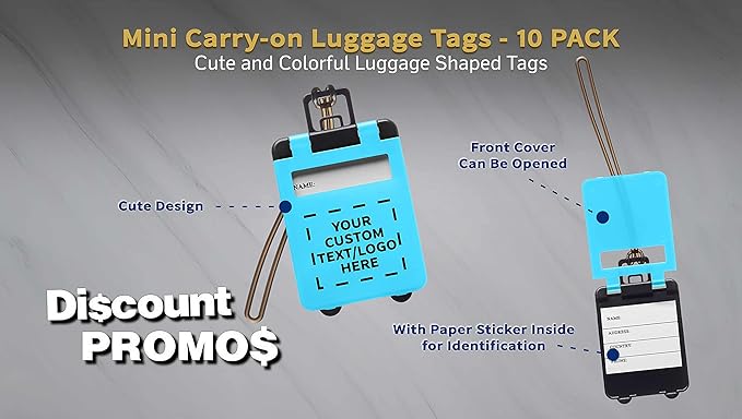 10 Mini Carry-on Luggage Tags Pack - Customizable Text, Logo - Flip Open Cover, ID Sticker - Light Blue