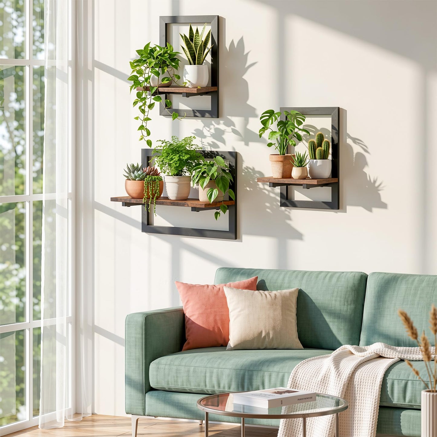 Housolution 3 Pack Wall Plant Holder, Picture Frame Design Plant Shelf, Wall Planters for Indoor Plants, Floating Shelves for Living Room, Bedroom, Kitchen, Office, Bathroom, Rustic Brown