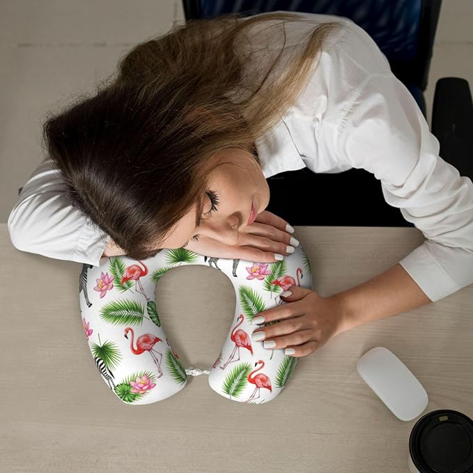 Neck Pillow Memory Foam Chin Cushion with Breathable Cover Green Palm Leaf Zebra Pink Flamingo Floral, Cute Airplane Car Pillows for Office Head Pain Relief