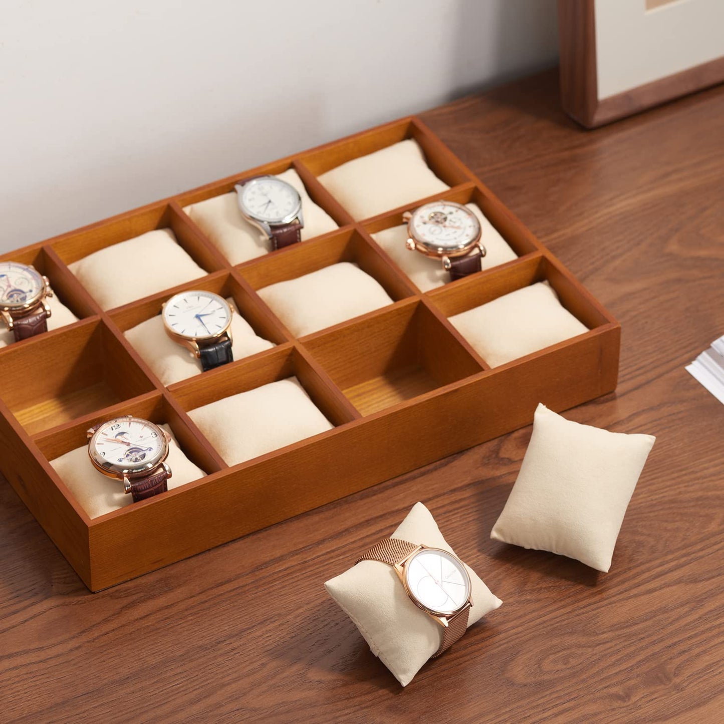 Woodten Solid Wood Watch Storage Tray for Drawer Watch Pillow Organizer Display Tray Showcase (Beige)