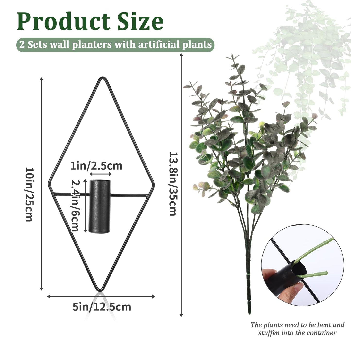 Mowouhn 2Pcs Hanging Planters with Artificial Eucalyptus Metal Hanging Vase,Indoor Plants Holder,Diamond Shape Wall Planter Holder,Modern Geometric Plants Hanging Wall Decor for Home Living Room