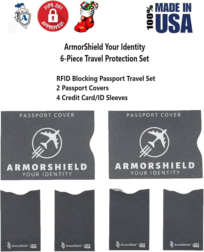 RFID Blocking Sleeves 6-Piece Travel Protection Set – 2 Passport Covers + 4 Credit Card Protector – Slim, Water-Resistant, Tearproof, Identity Theft Protection, ArmorShield Your Identity Made in USA
