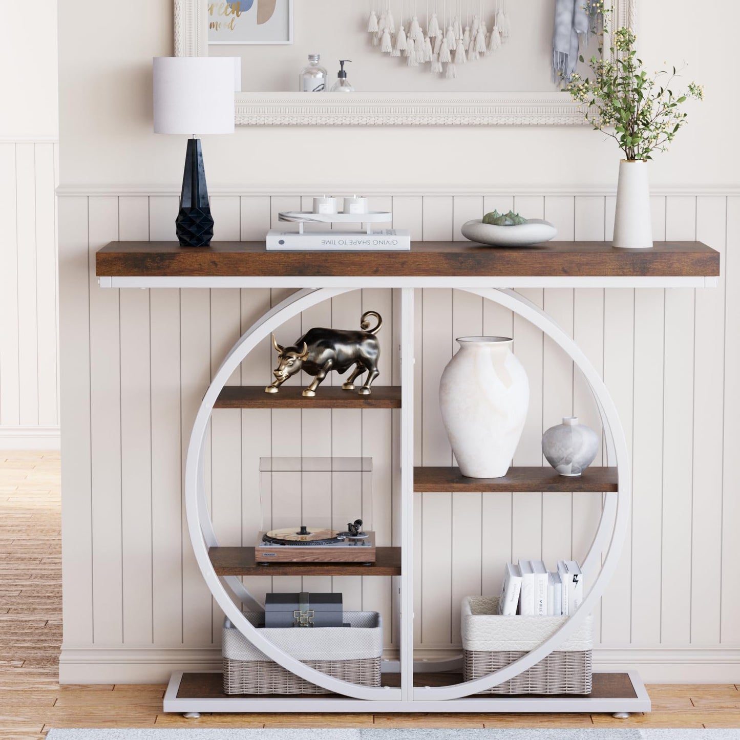 LIFECHOVY 41.3" Console Table for Entryway, Industrial Hallway Sofa Table with Storage Shelves, Narrow Accent Decor Living Room Furniture with Circle Base for Foyer, Entrance, Brown White