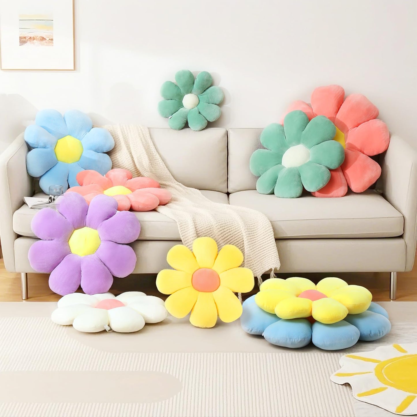 RuzRhyth Yellow Flower Pillow, Flower Shaped Throw Pillow Cute Chair Seat Cushion for Bedroom and Living Room Décor (27.56", Yellow)