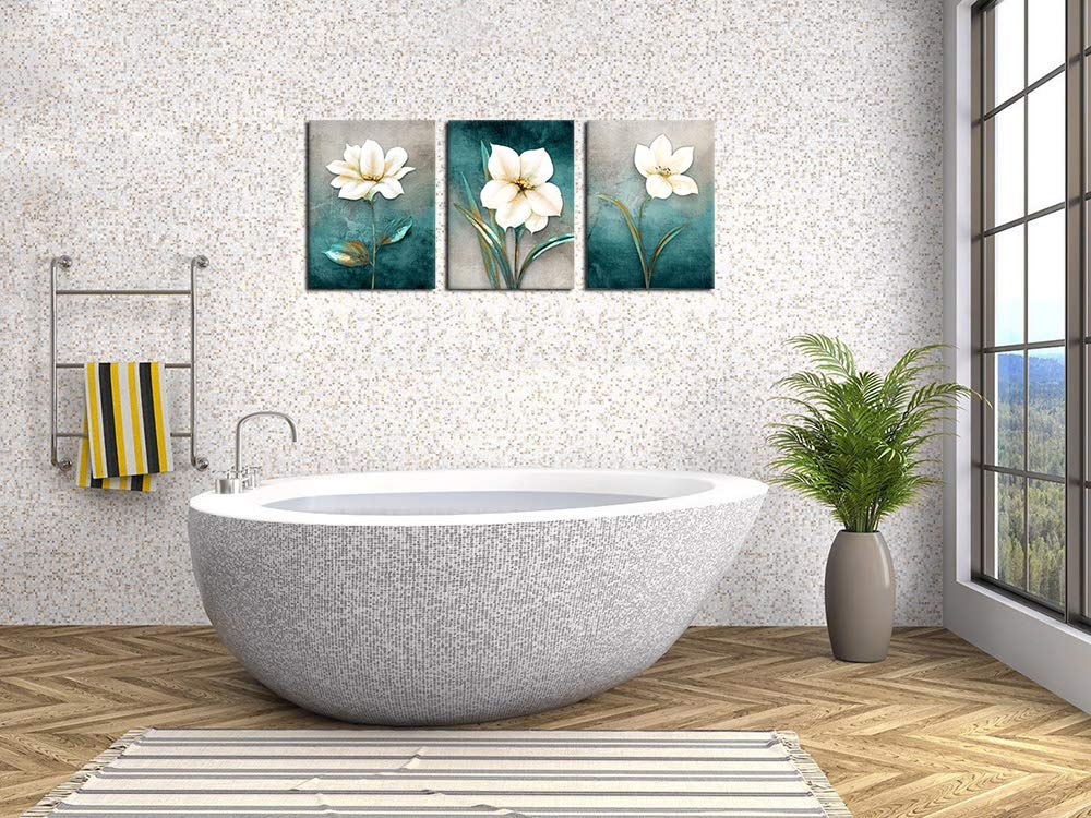Flower Canvas Wall Art Cream White Floral Wall Decor Turquoise Tealish Grey Background Canvas Picture Modern Rustic Artwork Bathroom Bedroom Living Room Home Office Decoration 12" x 16" x 3 Pieces
