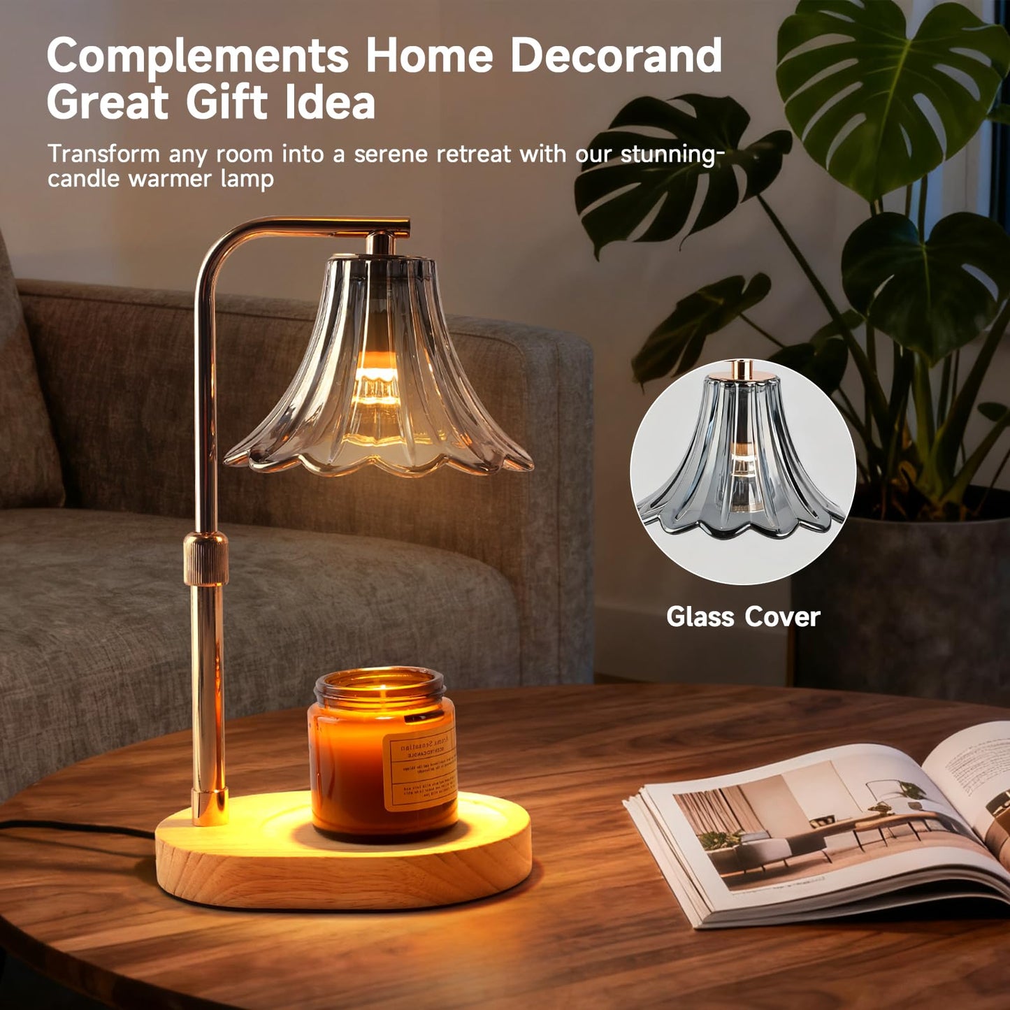 Candle Warmer Lamp with Timer and Dimmer - Adjustable Height Wax Melter for Scented Jar Candles, Vintage Glass Shade with Wood Base, Birthday Gifts for Women Mom, Housewarming Gifts, 2 Bulbs Included