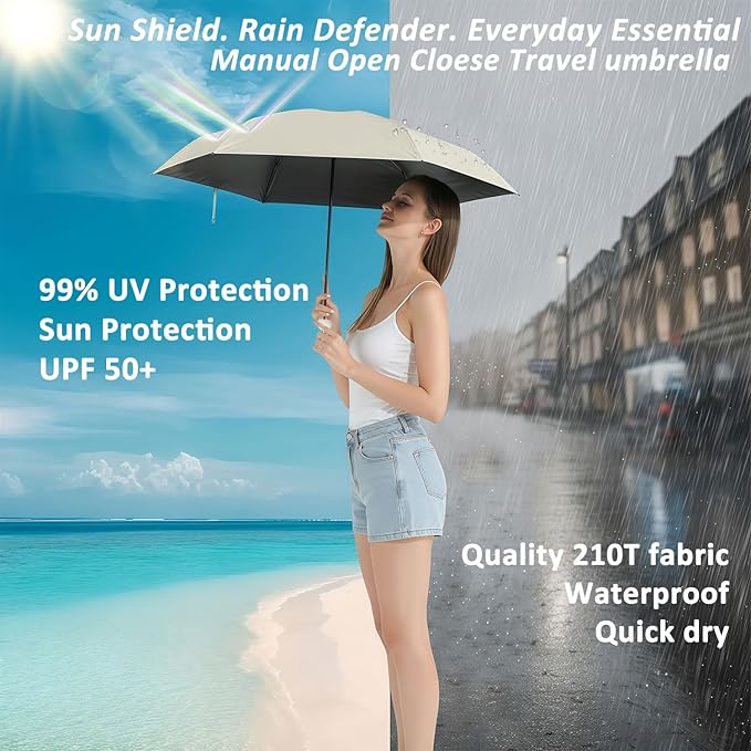 BAODINI Travel Essentials Mini Umbrella for Purse With Case Small Compact UV Sun Protection Lightweight Tiny Pocket Manual Open Close Umbrella for Women Kids and Men Fit Purse Backpack