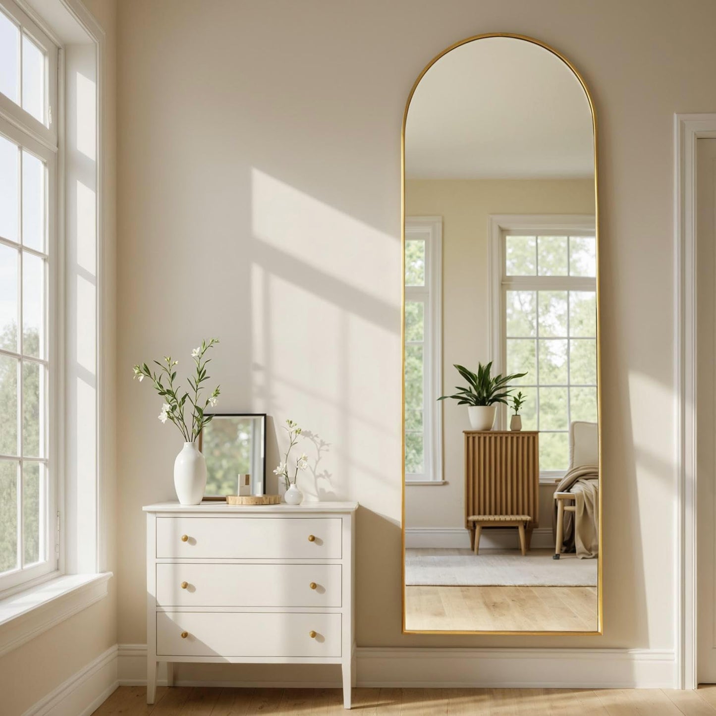 MISSDAY Arched Full Length Mirror, 64"x21" Full Body Mirror with Stand, Floor Mirror Long Free Standing, Leaning or Hanging, Aluminum Thin Frame Wall-Mounted Mirrors Wall Mirrors for Bedroom, Gold
