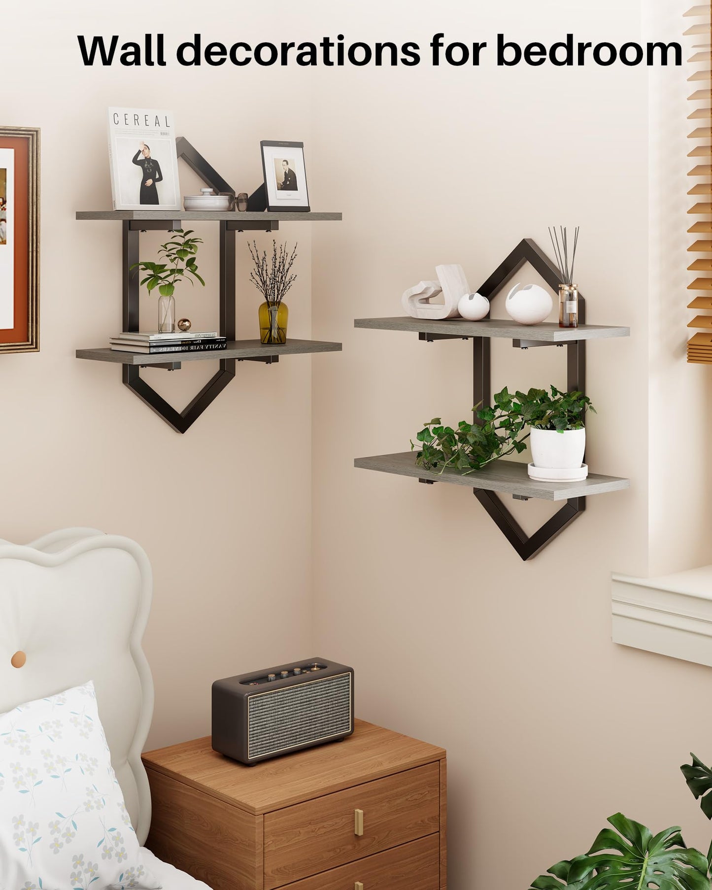 Forjarn Floating Shelves, Set of 2 Wall Shelf, Wall Mounted Decorative Shelves, 2-Tier Modern Geometric Hanging Storage Shelf for Living Room, Bedroom, Kitchen, Office, Study (Greige + Black)