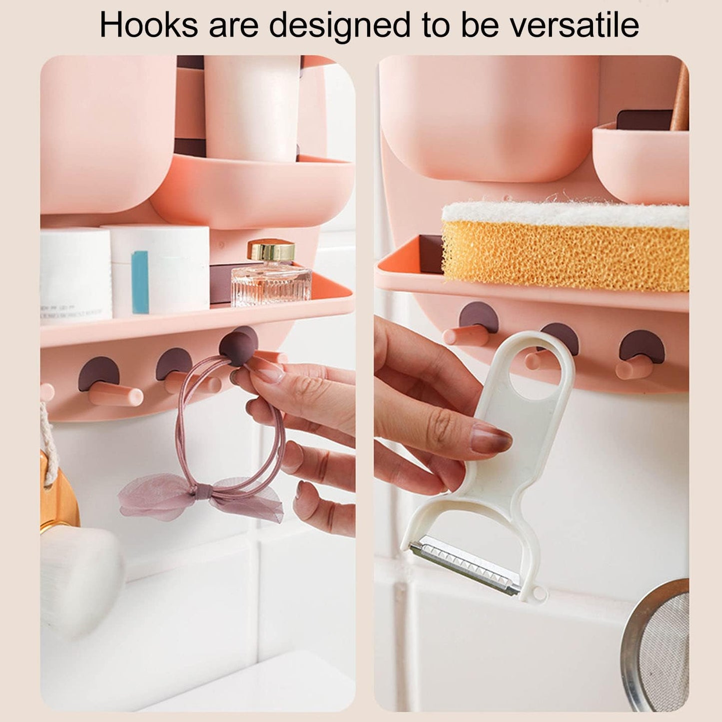 Kukyller Wall Mount Storage Box, Floating Bedside Shelf Wall Mount Adhesive Bedside Shelf Accessories Organizer with Hooks for Phone Remote (Pink)