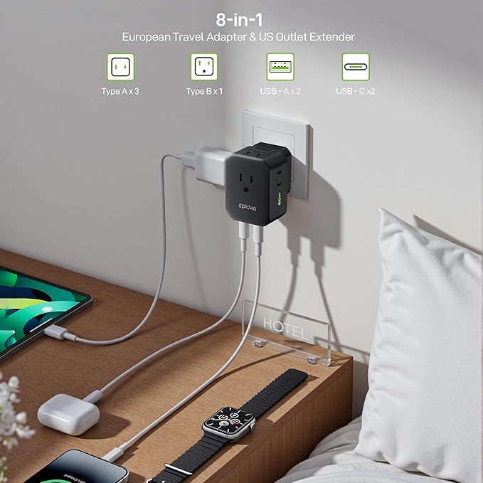 EPICKA Hybrid European Travel Plug Adapter, Foldable & Detachable Type C (EU) VisaPlug, 8-IN-1 International Power Adapter with 4 USB Ports (2 USB-C PD 20W) - Travel Essentials for US to Europe, Black