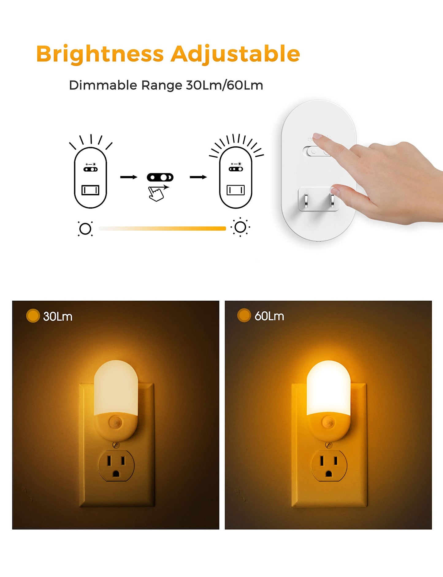 L LOHAS LED Amber Night Light, 2 Pack, Night Lights Plug into Wall Motion Sensor, 0.6W 2000K, LED Nightlights, 30/60LM Adjustable Brightness, Automatic Low Blue Nightlight for Kids, Bathroom, Hallway