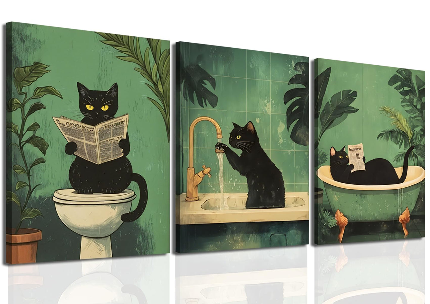 Funny Bathroom Black Cat Wall Art Set of 3, Whimsical Animal Bathroom Wall Decor Painting Maximalist Quirky Dark Pet Cat Toilet Canvas Poster Prints Aesthetics, Framed 12x16 inch