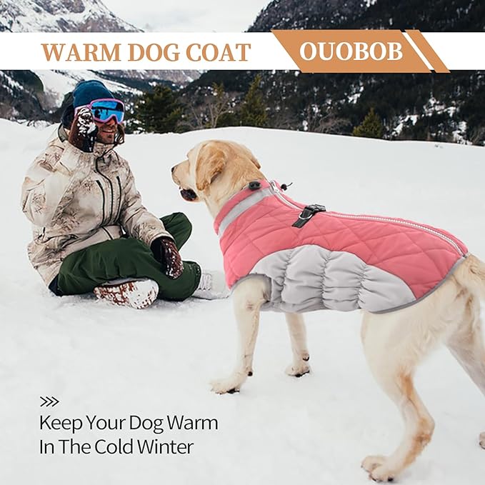 OUOBOB Dog Coats for Large Dogs,XL Dog Coat,Warm Fleece Winter Coat with D-Ring,Back Zipper Pet Jacket for Large Dogs,Waterproof Pet Snow Jacket Clothes Snowsuit Beagle Corgi Border Collie,Pink,XL