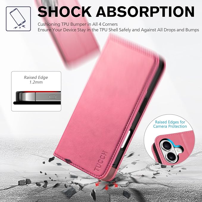 TUCCH Case Wallet for iPhone 17 (6.3-Inch) 2025, [3 Card Slots] Kickstand [RFID Blocking] PU Leather Case, Flip Folio Cover with [TPU Shockproof Interior Shell], Hot Pink