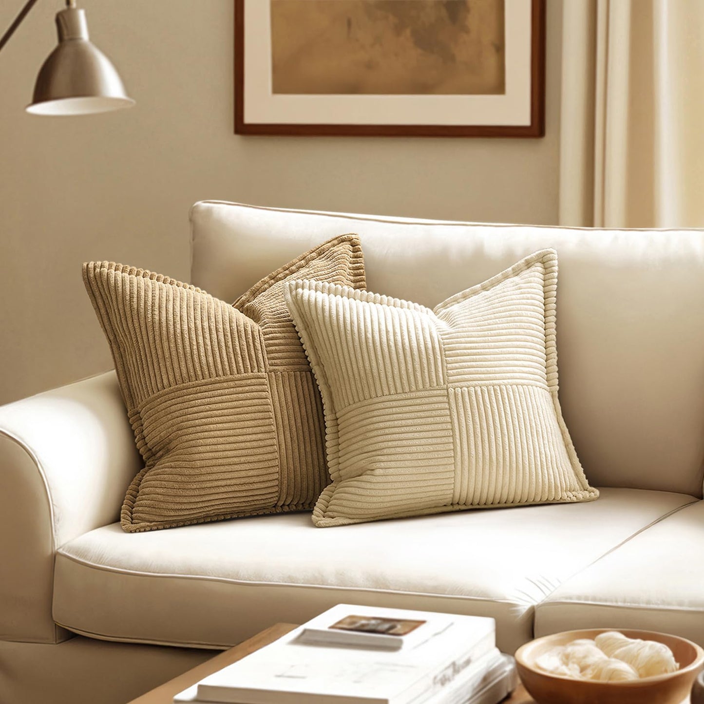 MIULEE Cream Corduroy Decorative Euro Sham Pillow Covers 24x24 Inch with Splicing Set of 2 Soft Boho Pillow Covers Broadside Textured Pillowcases for Couch Bed Livingroom