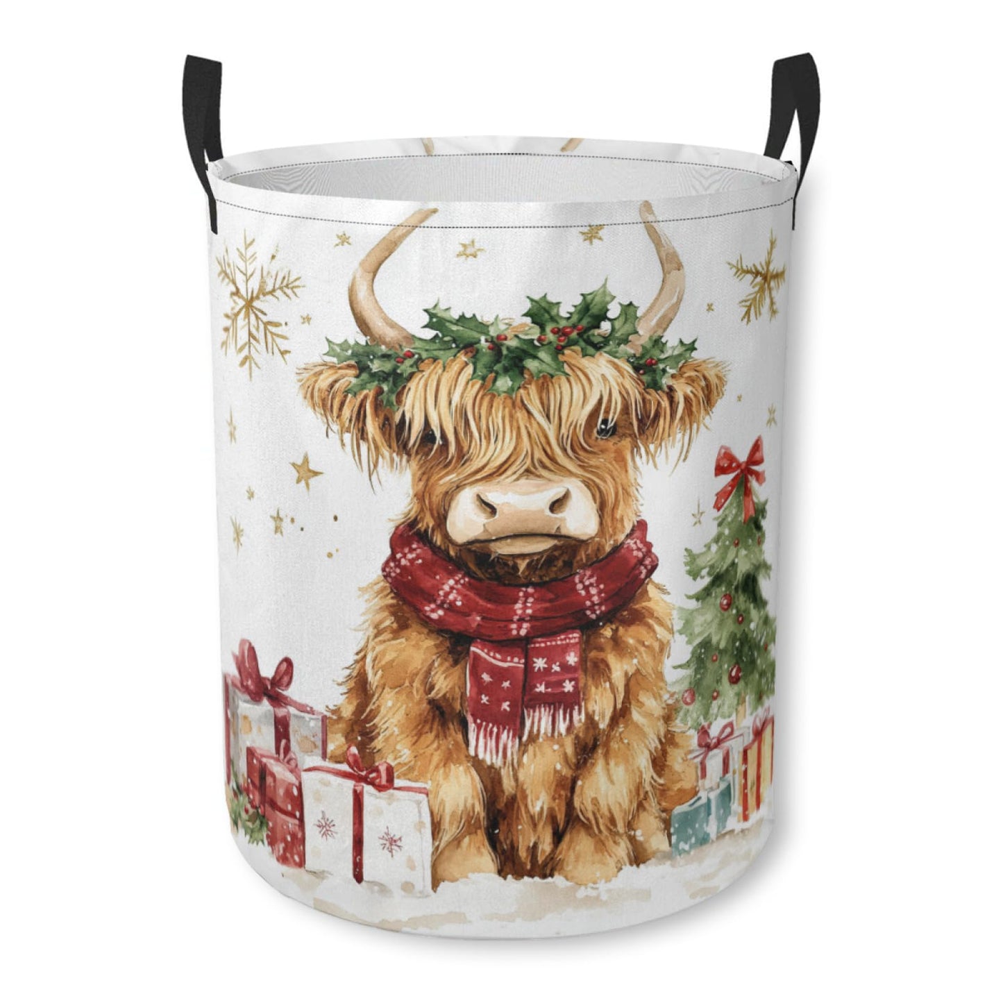 Christmas Highland Cow Laundry Basket Cute Animal Foldable Laundry Hamper with Handles Clothes Storage Bin for Household Bedroom Bathroom Dorms 17.3"x13.6"