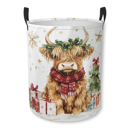Christmas Highland Cow Laundry Basket Cute Animal Foldable Laundry Hamper with Handles Clothes Storage Bin for Household Bedroom Bathroom Dorms 17.3"x13.6"