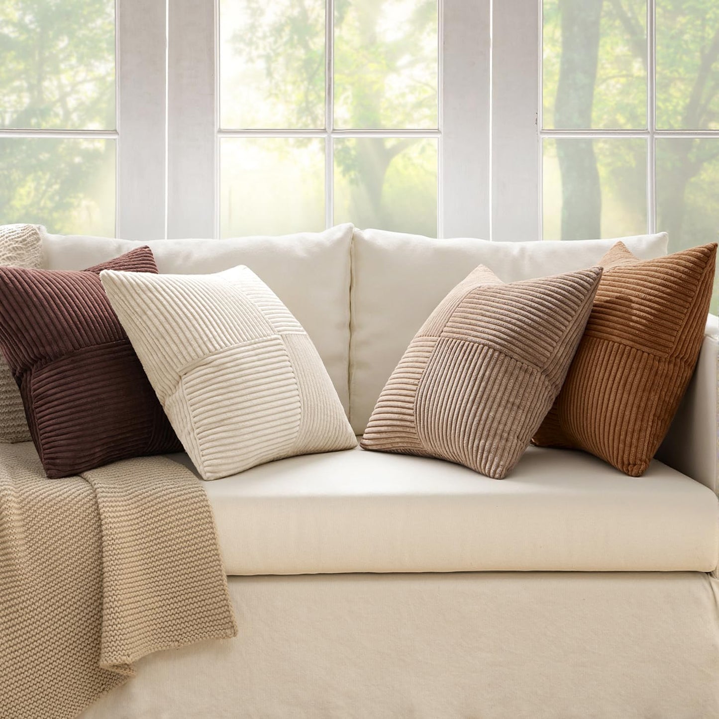 ANRODUO Pack of 4 Decorative Throw Pillows for Couch Gold Brown 18x18 Inch Boho Cozy Soft Corduroy Cushion Covers Farmhouse Accent Pillowcases for Mid Century Summer Home Decor Sofa Bed Living Room