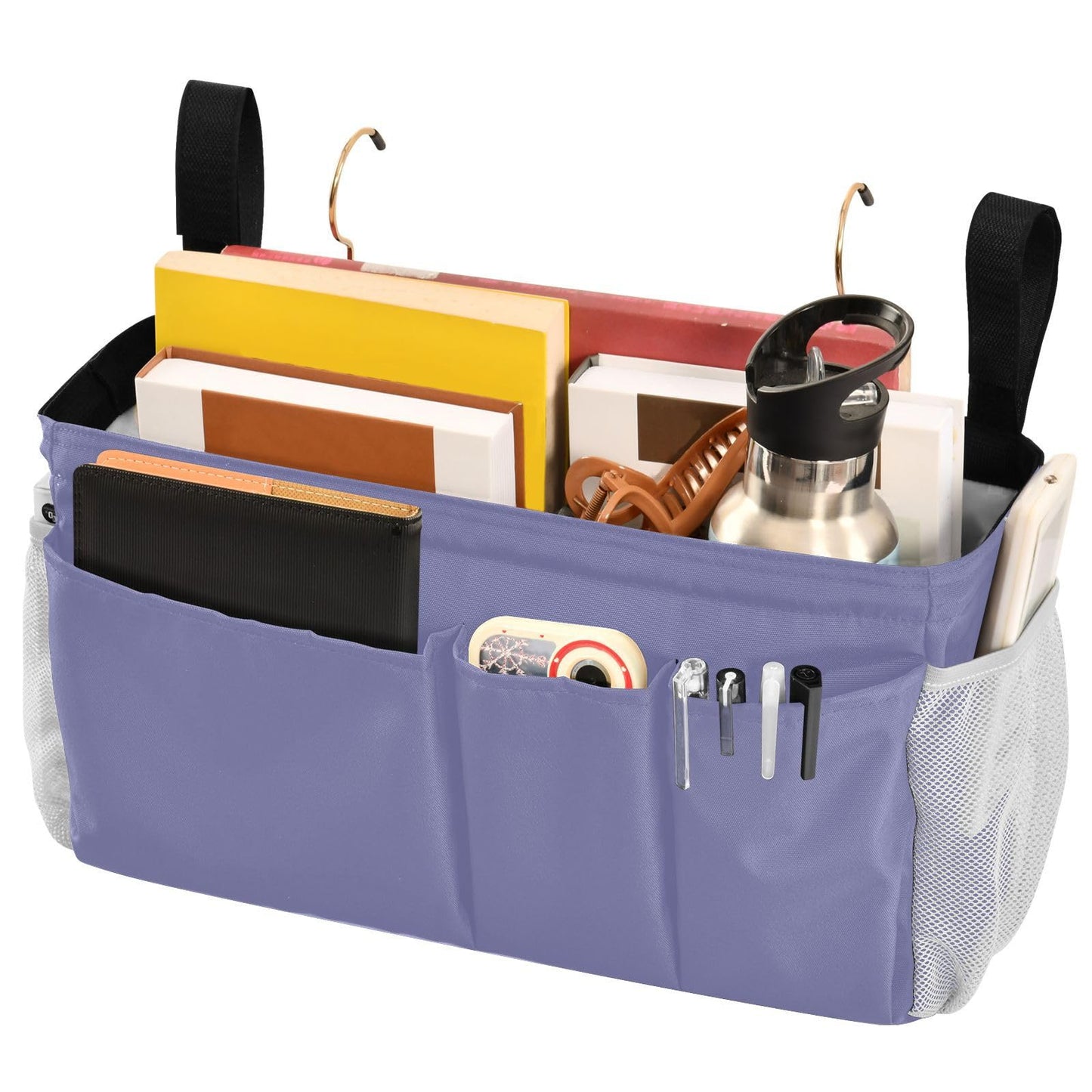 KOPIRIT Purple Bedside Caddy Storage Bag Bedside Organizer for College Dorm Top Bunk Bed Hanging Storage Organizer 6 Pockets with Hooks for Book Glasses Phone Holder