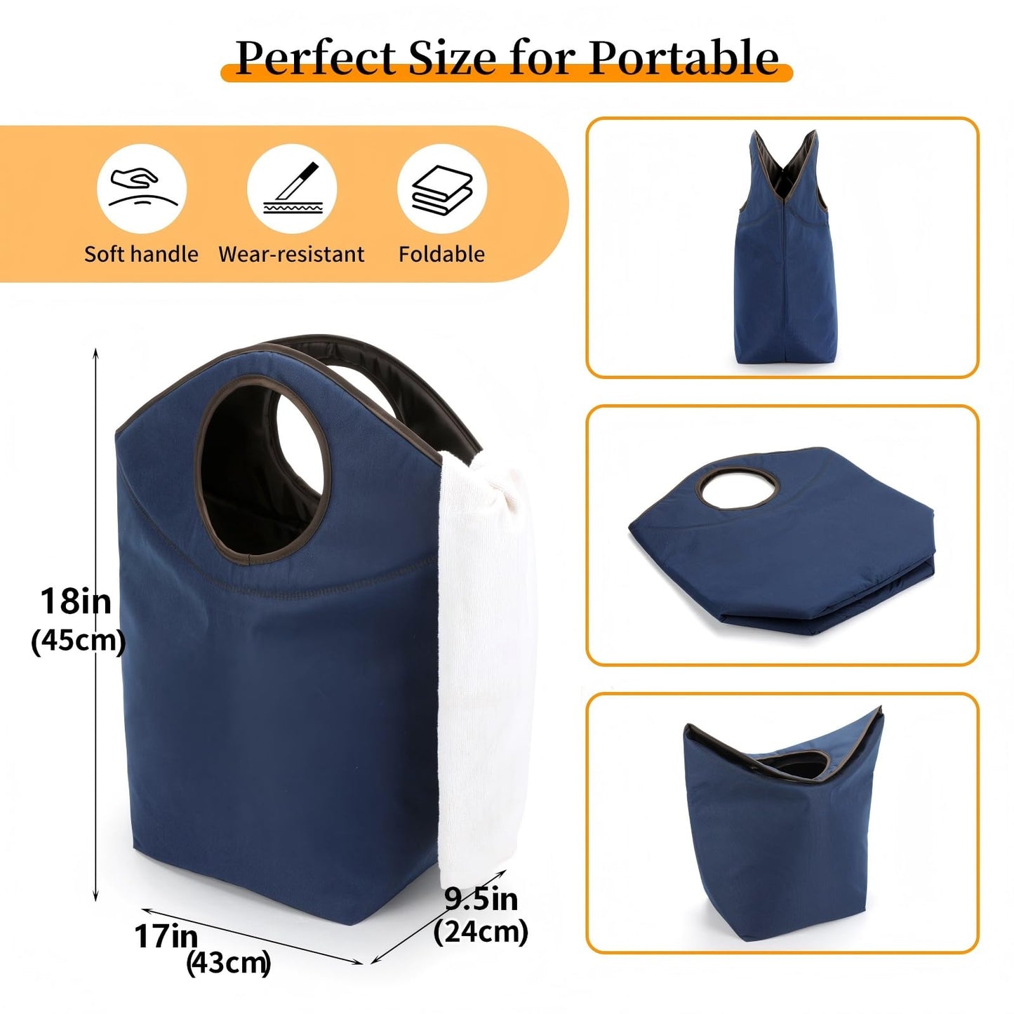 Portable Foldable Laundry Hamper with Soft Handle, 47L Collapsible Fabric Laundry Basket, Waterproof Storage Tote for Seniors, Dorm, Camping, Hanging