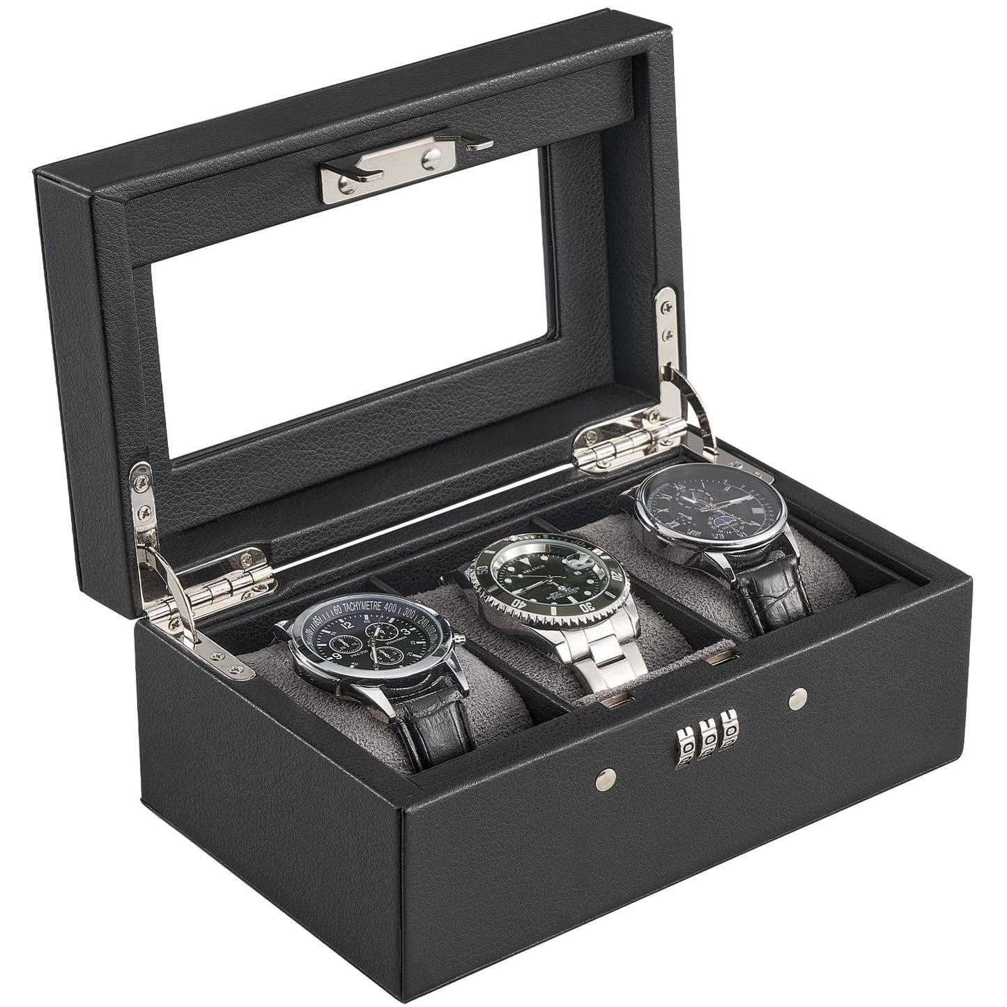 ProCase Lockable Watch Case, 3-Slot Display Storage Box with Glass Lid, Scratch-Free Velvet Lining & Combination Lock, Secure Watch Organizer for Men, Home, Office or Store Display - Black