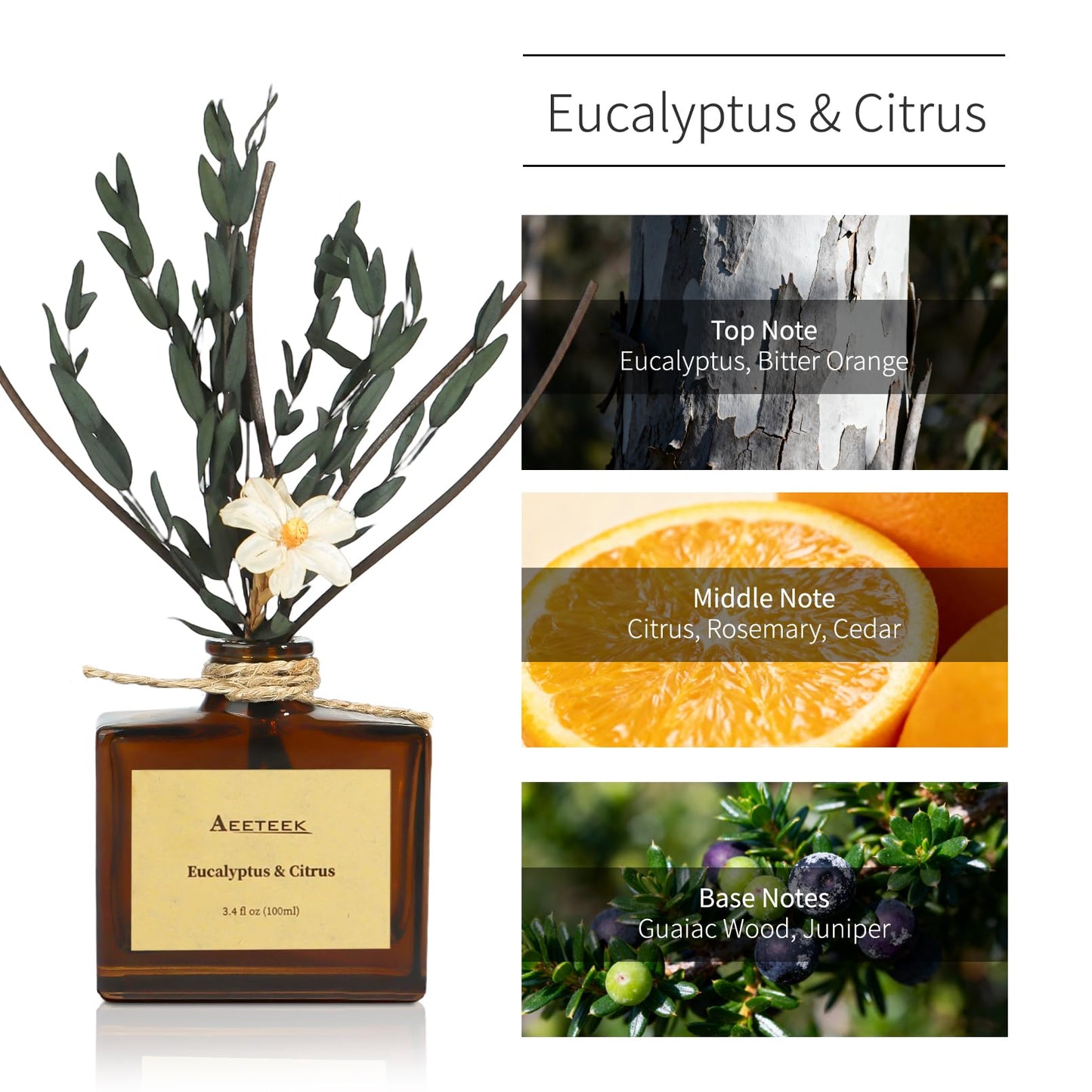 Aeeteek Reed Diffuser, Eucalyptus & Citrus Scented Oil Diffusers for Home with Dried Flowers, 3.4 Fl Oz Essential Oil Diffuser for Bathroom, Elegant Fragrance for Room Decor