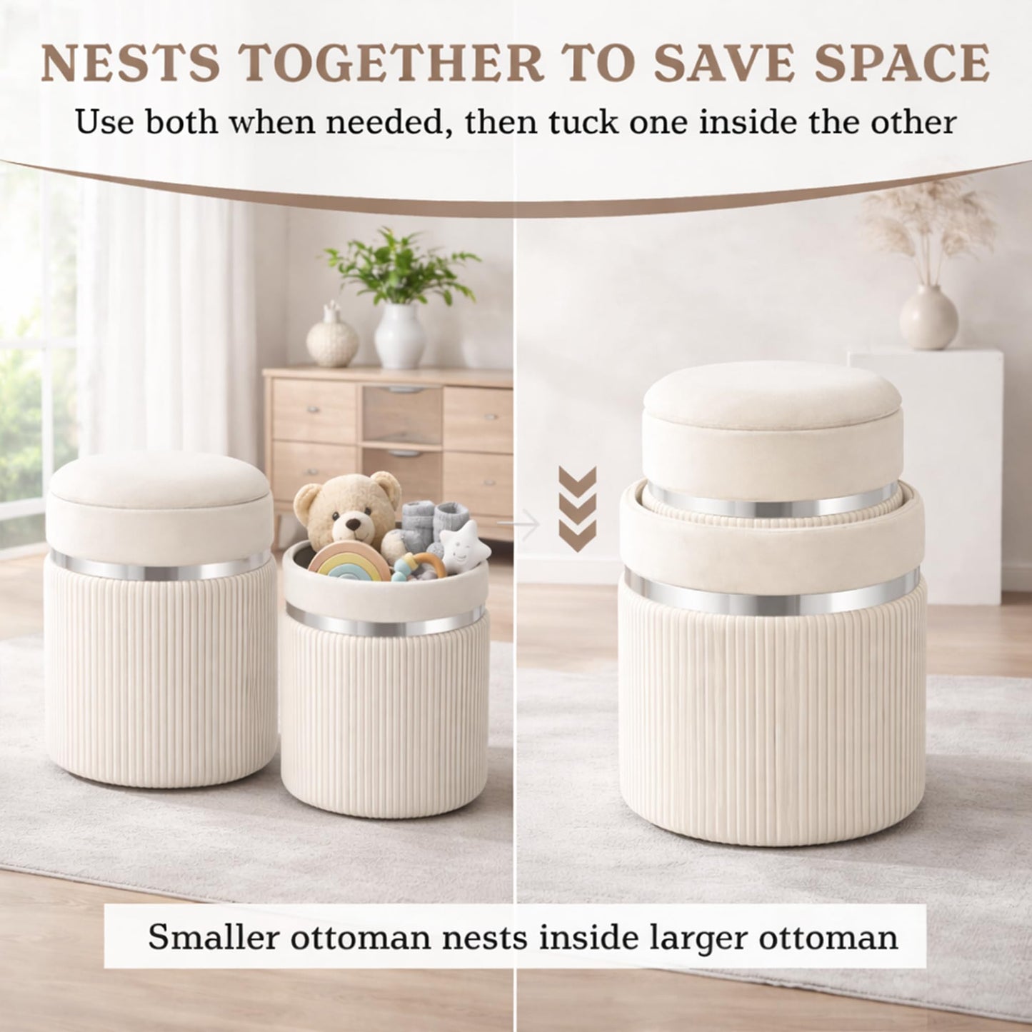 Round Storage Ottoman Set of 2 - White Ottoman with Storage for Living Room - Velvet Vanity Stool and Footrest - Round Nesting Ottoman Stools for Bedroom Makeup Area - Hidden Storage