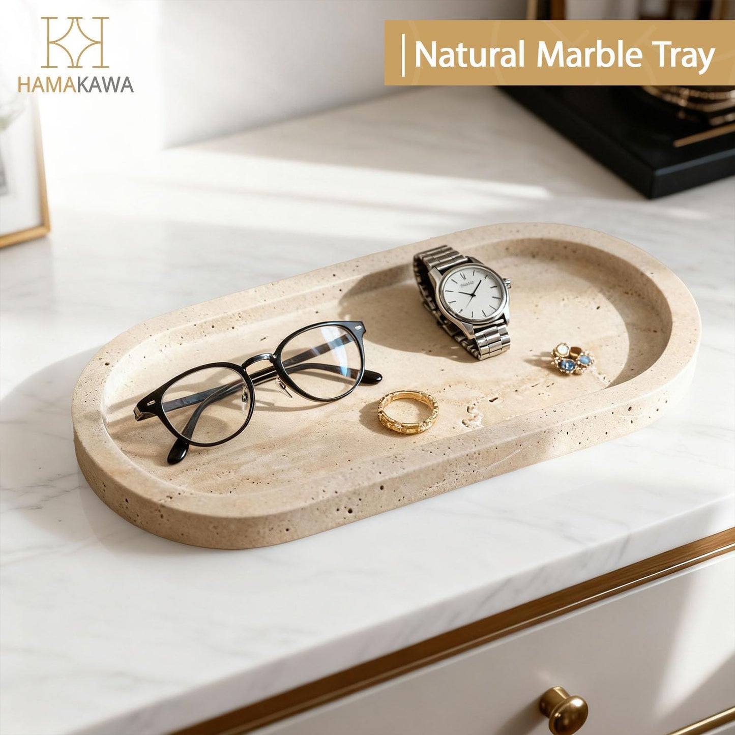 HAMAKAWA Turkish Natural Marble Vanity Tray, Oval Bathroom Tray 10 inch, Beige Travertine Perfume Trays, Vanity Organizer for Soap, Kitchen, Home Decor