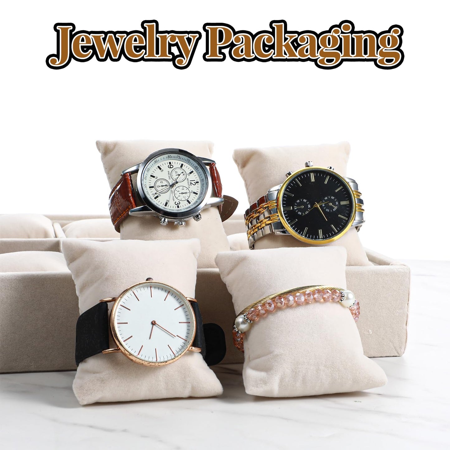 Nodaaiie 2 Pcs Beige Velvet Jewelry Organizer Watch Tray Box 12 Grid Stackable Bracelet Organizer with Adjustable Pillows for Men Women, Home Store Show