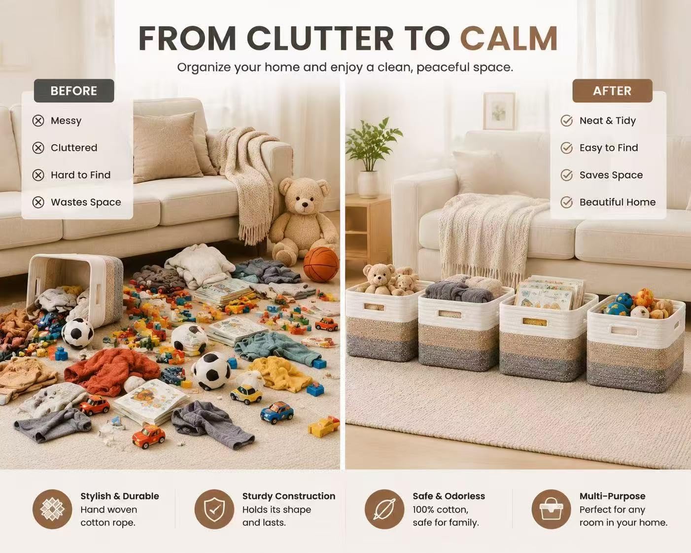 Set of 4，15.8"×13.7"×7.8"Cotton Rope Baskets for Shelves, Woven Storage Baskets for Organizing - Closet, Nursery, Bedroom, Playroom Books, Clothes