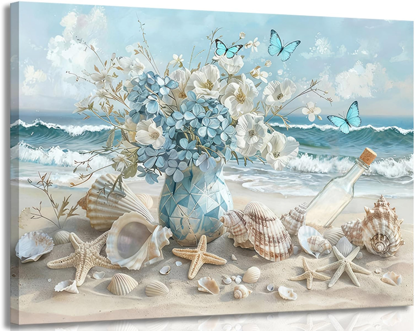 Framed Blue Ocean Beach Canvas Wall Art Seaside Seashell Painting Picture Wall Decor Starfish White Floral Vase Poster Print Artwork for Living Room Bedroom Bathroom Home Decoration 12×16in