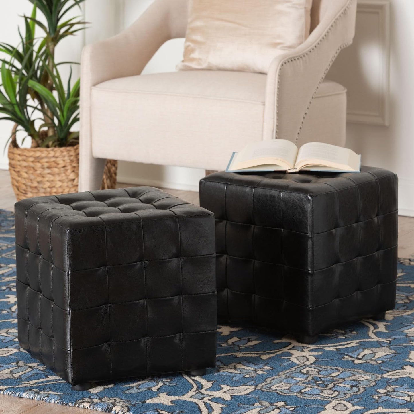Baxton Studio Siskal Modern Cube Ottoman, Black, Set of 2
