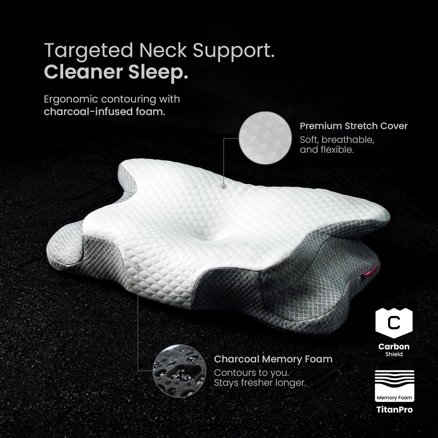 IWS I WANNA SLEEP Cervical Original Neck Plus Charcoal Premium Ergonomic Memory Foam Activated Charcoal Hypoallergenic Pillow for Neck and Back Pain Relief – Orthopedic Pillow